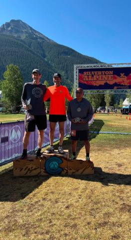 Kendall Mountain Run winners 11K men Chuck Tookey, Geoffrey Foote, Harrison Brown photo by Aravapai