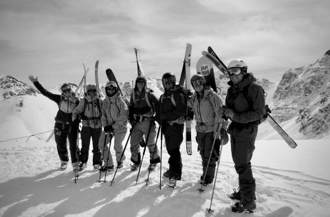 All smiles from Patagonia employees and visiting journalists as they make their way up the higher reaches of Silverton Mountain. Photo credit Alex Hunt)