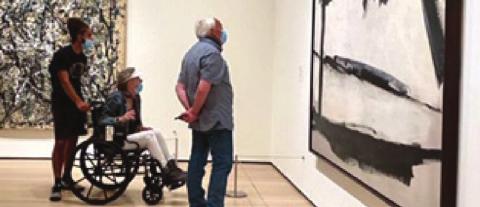 Painting by Jackson Pollock, Bradly Gurule, Judy Graham, John Richardson and painting by Franz Kline (left to right) Museum of Modern Art, NYC, 6/18/21, Photograph by Michael Richardson