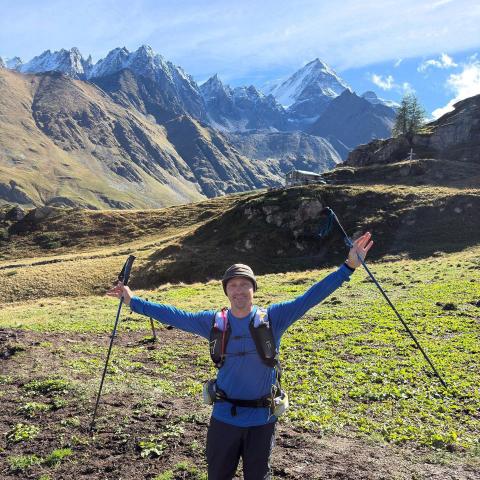 Billy Grimes high up in the alpine of Mont-Blanc mountain range in France. Photo by Billy Grimes