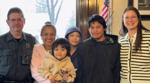 San Juan County Sheriff Steve Lowrance with his wife Norma, their children and San Juan County Judge Kelly Tompkins at his swearing in on Wednesday 4/1/2026 photo by Alex Lanis