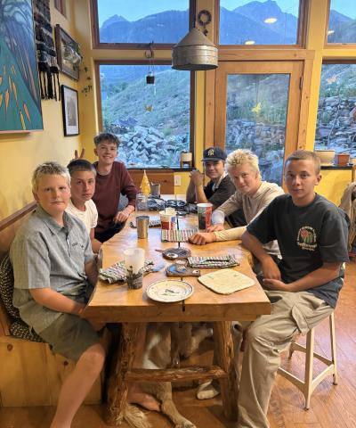 Silverton School kids share breakfast before first day, L-R: Hawkins Mead, Elliot Barszcz, Liam Joyce, Reid Weller, Phen Mead, Lucas Barszcz Photo by Anne Izard