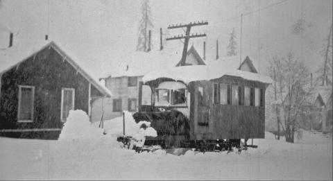 The Casey Jones railcar on the Silverton Northern tracks in Eureka, probably in 1927. The vehicle was equipped with its two track-cleaning brooms mounted off the pilot, and it is assumed the vehicle has only its normal pilot “cowcatcher” at this time. San Juan County Historical Society photo