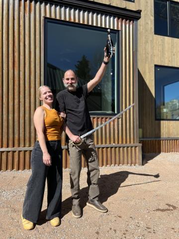 Photo credit DeAnne Gallegos Silverton locals Allyn Robinson and Angelo Colletti celebrate their new home build and move in day with the tried and true tradition of swording the champagne bottle.