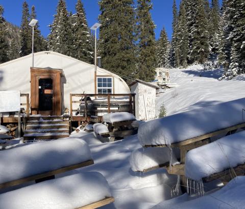 The ski area Silverton Mountain’s yurt and picnic tables are starting to pile up with fresh snow Photo by Hillary Cable