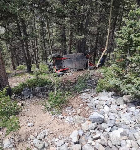 OHV rollover on Lackawanna Road Saturday, July 5th, resulting in one adult critically injured. Photo credit Silverton Medical Rescue