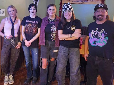 The Alpine Tavern crew dressed for the EMO Valentines party, channeling their 90’s grunge vibe, L-R Shiloh, Brittany, Natalie, Delaney, and Marco photo by DeAnne Gallegos