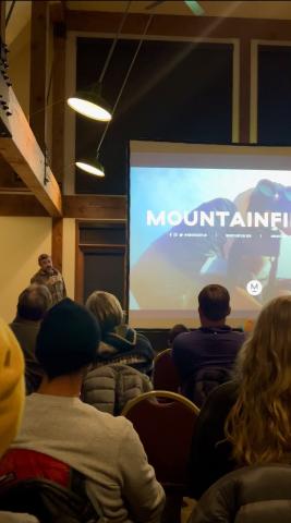 Rory Cowie emceeing the 2024 Mountainfilm on Tour in Silverton. Photo credit DeAnne Gallegos