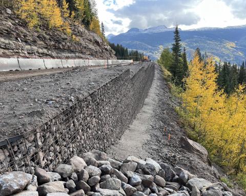 Image showing wall replacement work at the Coal Bank Pass location Mile Point 56.9. Photo by CDOT
