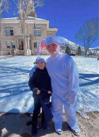 Photo credit Lucy Encinas The local Easter Bunny made an appearance during the Easter Egg Hunt on Easter Sunday. His fur matched the fresh blanket of snow.