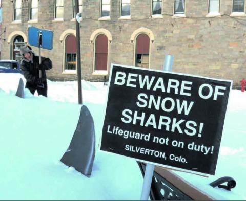 Mark Esper/Silverton Standard &amp; the Miner 10 Years ago -From the 12.12.13 Issue of The Silverton Standard and Miner . Melanie Bergolc of Silverton uses her snow shovel to club a “snow shark” at the Iron Horse pocket park at 12th and Greene streets in downtown Silverton after last week’s storm.