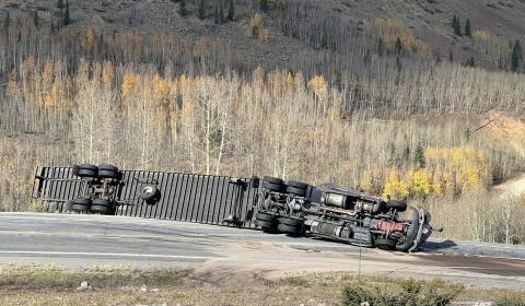 A view of the wrecked semi on the hairpin just south of Silverton by Sasquatch Campers turnoff. Photo credit DeAnne Gallegos
