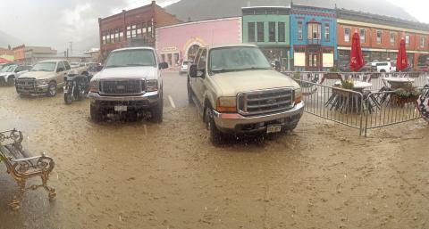 A true “gully washer!” Heavy rain hit downtown Silverton and the surrounding area, causing mud and rock slides, including one that blocked the train. Photo credit Scott Fetchenhier