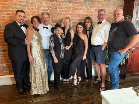 Ken Bodens 70th Surprise Party left to right: Jim Harper, Nicole Bellman, Ken, Alice and Kathy Boden, Rocky Romero, Lone Kalish, Jim Bishop, Mike Hook. Photo by Boden Family