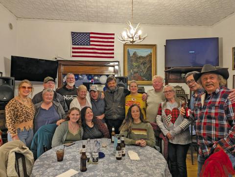 Photo credit Maddie Moser A group of Silverton Locals showed up to support DeAna the former Silverton Post Master at the Ouray Elks Club last Saturday night. (L to R back row): Maddie Moser, LaDonna Jaramillo, Dee Jaramillo, Bruce Conrad, DeAna Scott, Shelly Kuhlman, David Breed, Kelli Fries, Billy Fries, Becky Rhoades, Speedy Scott, Kenny Jenkins Front row left to right: Rylan Jaramillo, Deanna Jaramillo, Krissy Rhoades