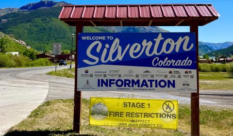 Stage 1 Fire Restriction banners were installed by Office of Emergency Management last week at every point of entry of town photo by DeAnne Gallegos