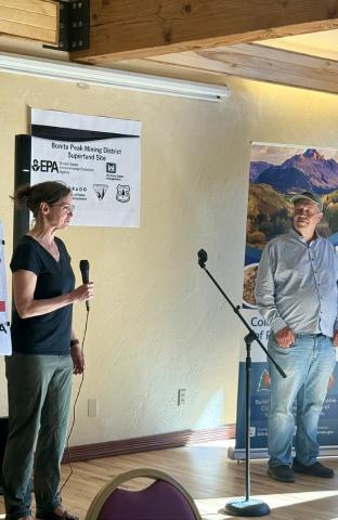 Bonita Peak Superfund site project manager Joy Jenkins gives a hello to the crowd at the open house photo by DeAnne Gallegos
