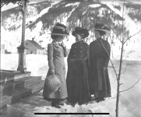 San Juan County Historical Society photos Three Silverton teachers: Cordelia Ball of Denver, May (or Abigail) Scott of Aurora and Carrie Craig from Durango in the winter of 1909-10. The same teachers with long skis, probably on the same day. The back of the photo reads “Ski lessons for the teachers”.