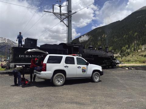 Silverton Medical Rescue EMT and Paramedic going into the field via train. Photo by Silverton Medical Resuce