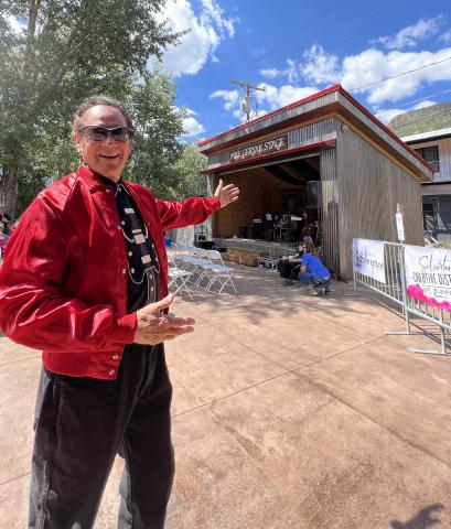 Mike Geryak showing off the Mike Geryak Stage at the Anesi Park opening celebration September 9, 2023 Photo by DeAnne Gallegos