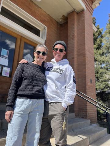 Misti Anderson, Silverton Public Library Director and TOS Facilities Director Sarah Friden out in front of the library celebrate the $20,000 grant they received for an ADA accessibility ramp Photo credit DeAnne Gallegos