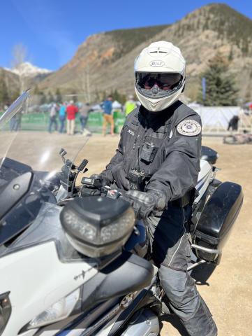 San Juan County Sheriff Bruce Conrad was working the Ironhorse Bicycle Classic on his motorcycle. Photo credit DeAnne Gallegos