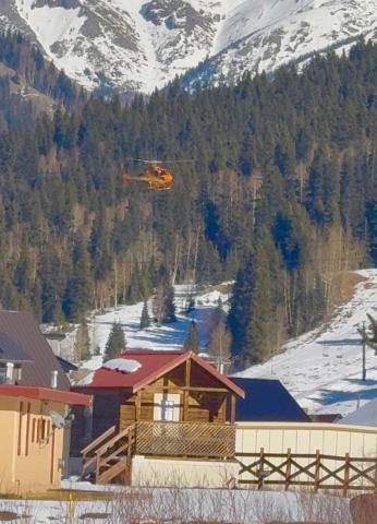 Flight for Life helicopter supporting the incident on Red Mountain Pass landing in Silverton Photo by DeAnne Gallegos
