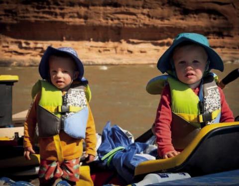 Silverton locals and two year old twins Wesley and Beckham Davenport complete their first camping trip. A three day, two night raft trip! Photo credit - Calvin Davenport
