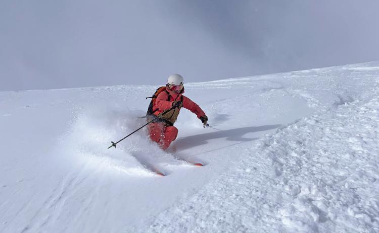 Guide Kim Grant takes a break from researching County candidates and enjoys some October powder skiing at Silverton Mountain on Monday morning. Photo Credit Calvin Davenport