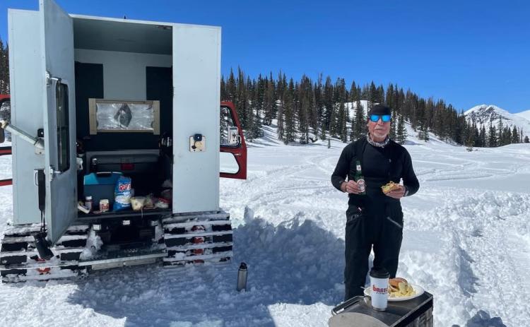 Andy Atha enjoying a lunch break after skiing high up in the San Juans a couple winter ago and in the same location as this years AA Gelande event. Photo credit David Breed