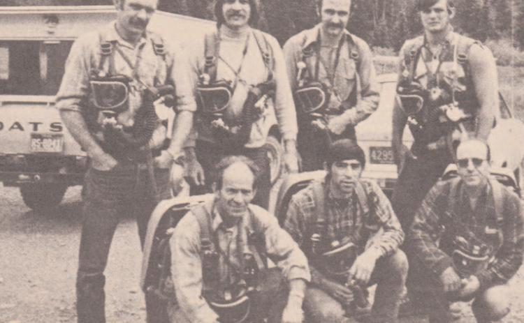 50 YEARS AGO · ABOVE: Tom Zanoni, front, and Zeke Zanoni in the drilling competiton at the Hardrockers Holidays in August 1974. This was the first year the Hardrockers was held since 1953, when it had been discontinued during a mining slump. RIGHT: The Standar Metals Mine Rescue and Disaster Team. Standing, from left, George Zanoni, team leader, Jerry Crawford, Tom Zanoni and Rick Ernst. Kneeling are D.K. Slade, Louie Valdez, and Jack Switzler Silverton Standard file photos