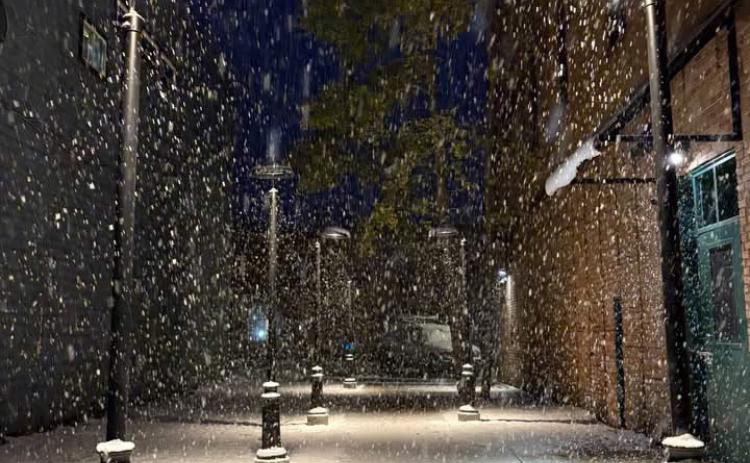 Fresh snow falling in the pocket park next to the bank last week photo by Melanie Bergolc