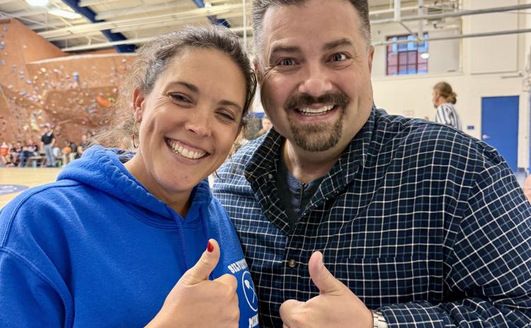 Former Mayor Dayna Kranker and current Mayor Jim Harper at the Miner’s basketball game in the fall