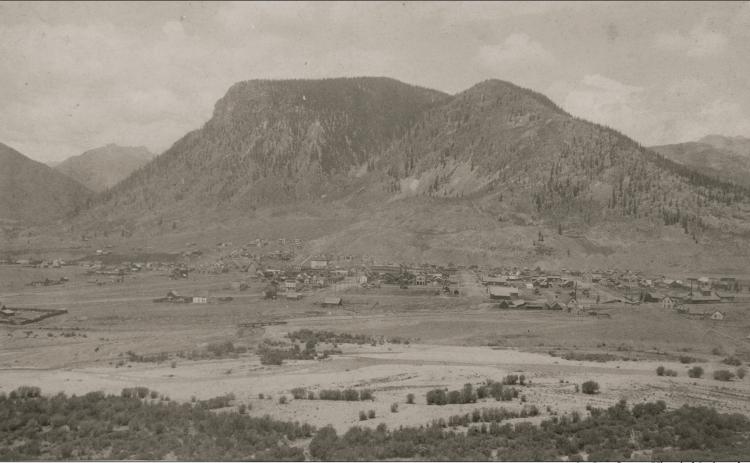 Overview of Silverton from Kendall Mountain about 1894. The depot and related buildings on Tenth street are just out of view on the left San Juan County Historical Society photo