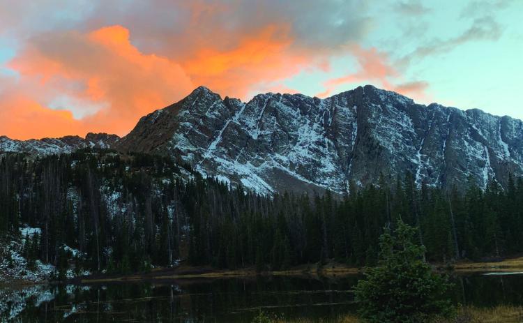 Snow on Twilight Peak, as seen from Crater Lake. Photo credit- Scout Edmondson