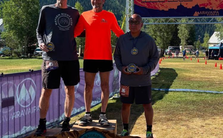 Kendall Mountain Run winners 11K men Chuck Tookey, Geoffrey Foote, Harrison Brown photo by Aravapai