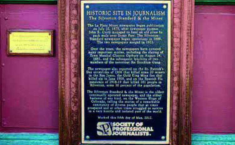 The Silverton Standard Newspaper’s Historic Site in Journalism Plaque is on the front of the Grand Imperial Hotel. Photo credit DeAnne Gallegos