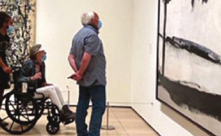Painting by Jackson Pollock, Bradly Gurule, Judy Graham, John Richardson and painting by Franz Kline (left to right) Museum of Modern Art, NYC, 6/18/21, Photograph by Michael Richardson