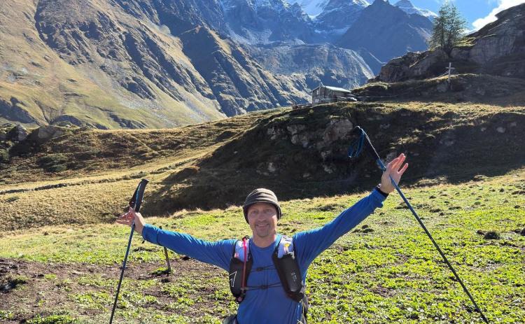 Billy Grimes high up in the alpine of Mont-Blanc mountain range in France. Photo by Billy Grimes