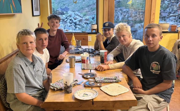 Silverton School kids share breakfast before first day, L-R: Hawkins Mead, Elliot Barszcz, Liam Joyce, Reid Weller, Phen Mead, Lucas Barszcz Photo by Anne Izard