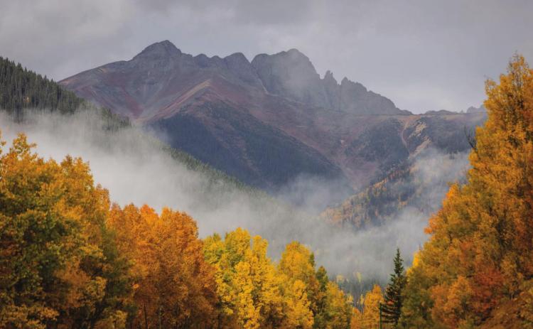 The fall colors and fog hug South Lookout as San Juan County welcomes autumn. Photo Credit Howie Stern.