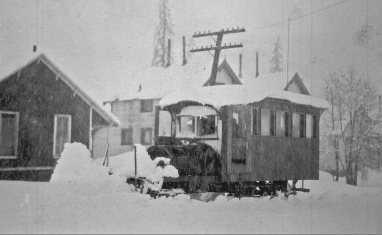 The Casey Jones railcar on the Silverton Northern tracks in Eureka, probably in 1927. The vehicle was equipped with its two track-cleaning brooms mounted off the pilot, and it is assumed the vehicle has only its normal pilot “cowcatcher” at this time. San Juan County Historical Society photo