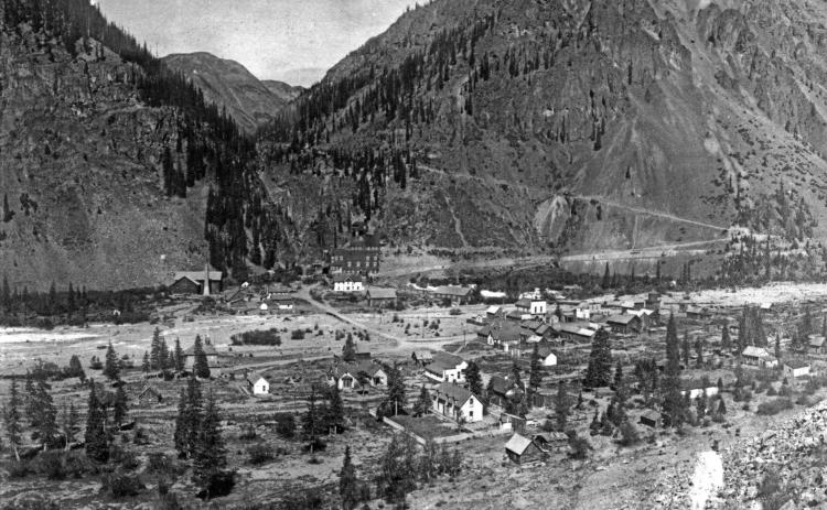 This 1905 photo of Eureka was taken from the lower slopes of Crown Mountain, looking northwesterly toward the mouth of Eureka Gulch, showing the two reduction works as well the residential and commercial structures in place at the time. Photo courtesy San Juan County Historical Society