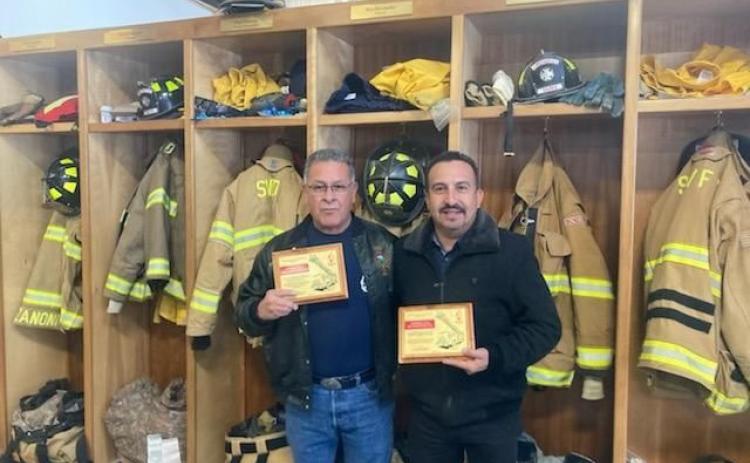 Fire Chief Gilbert Archuleta received a plaque from Joselo Perez, who is the secretary of the Madera fire municipality. Photo credit SSJVFD