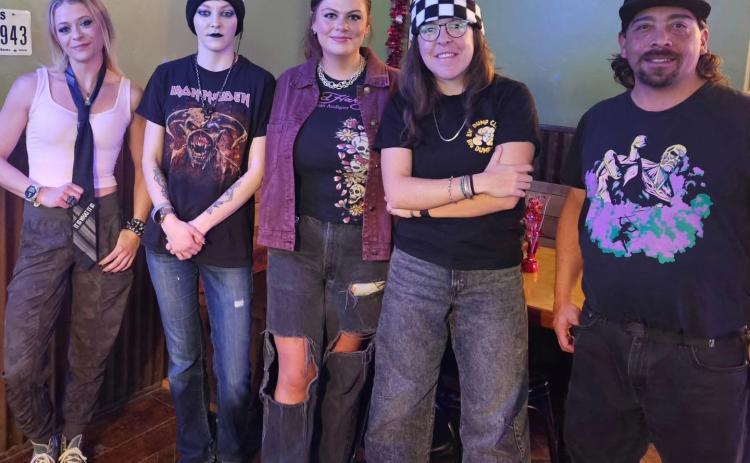 The Alpine Tavern crew dressed for the EMO Valentines party, channeling their 90’s grunge vibe, L-R Shiloh, Brittany, Natalie, Delaney, and Marco photo by DeAnne Gallegos