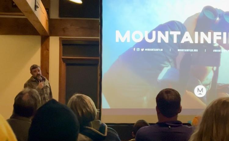 Rory Cowie emceeing the 2024 Mountainfilm on Tour in Silverton. Photo credit DeAnne Gallegos