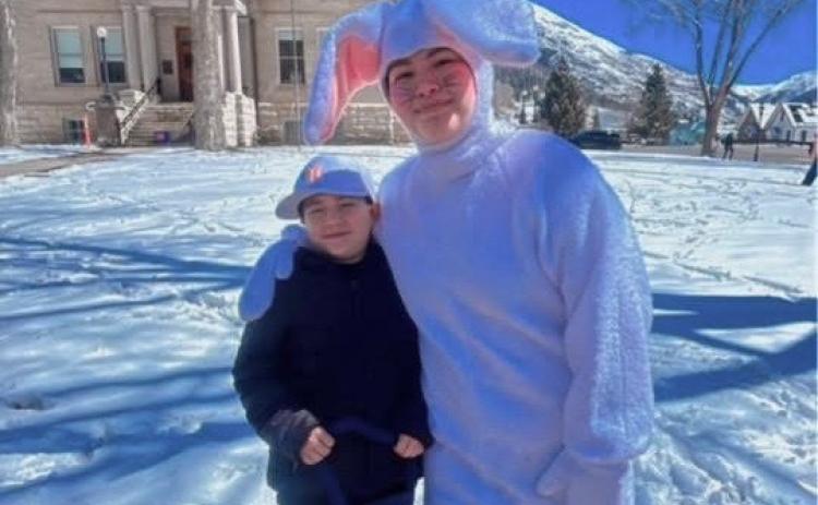 Photo credit Lucy Encinas The local Easter Bunny made an appearance during the Easter Egg Hunt on Easter Sunday. His fur matched the fresh blanket of snow.