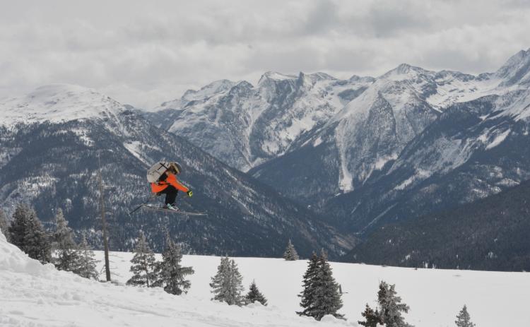Silverton Local Griff Pinto flies off the jump at this first annual snow jump event. Photo credit Double A Gelande event