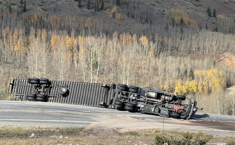 A view of the wrecked semi on the hairpin just south of Silverton by Sasquatch Campers turnoff. Photo credit DeAnne Gallegos