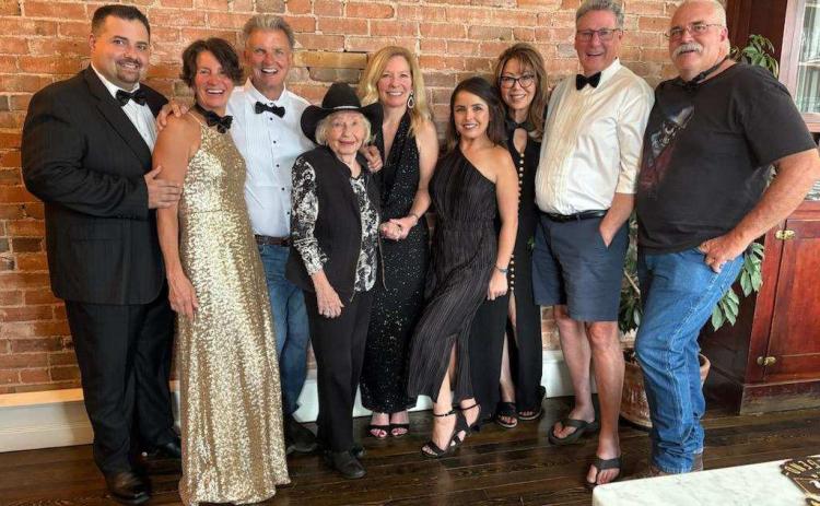 Ken Bodens 70th Surprise Party left to right: Jim Harper, Nicole Bellman, Ken, Alice and Kathy Boden, Rocky Romero, Lone Kalish, Jim Bishop, Mike Hook. Photo by Boden Family